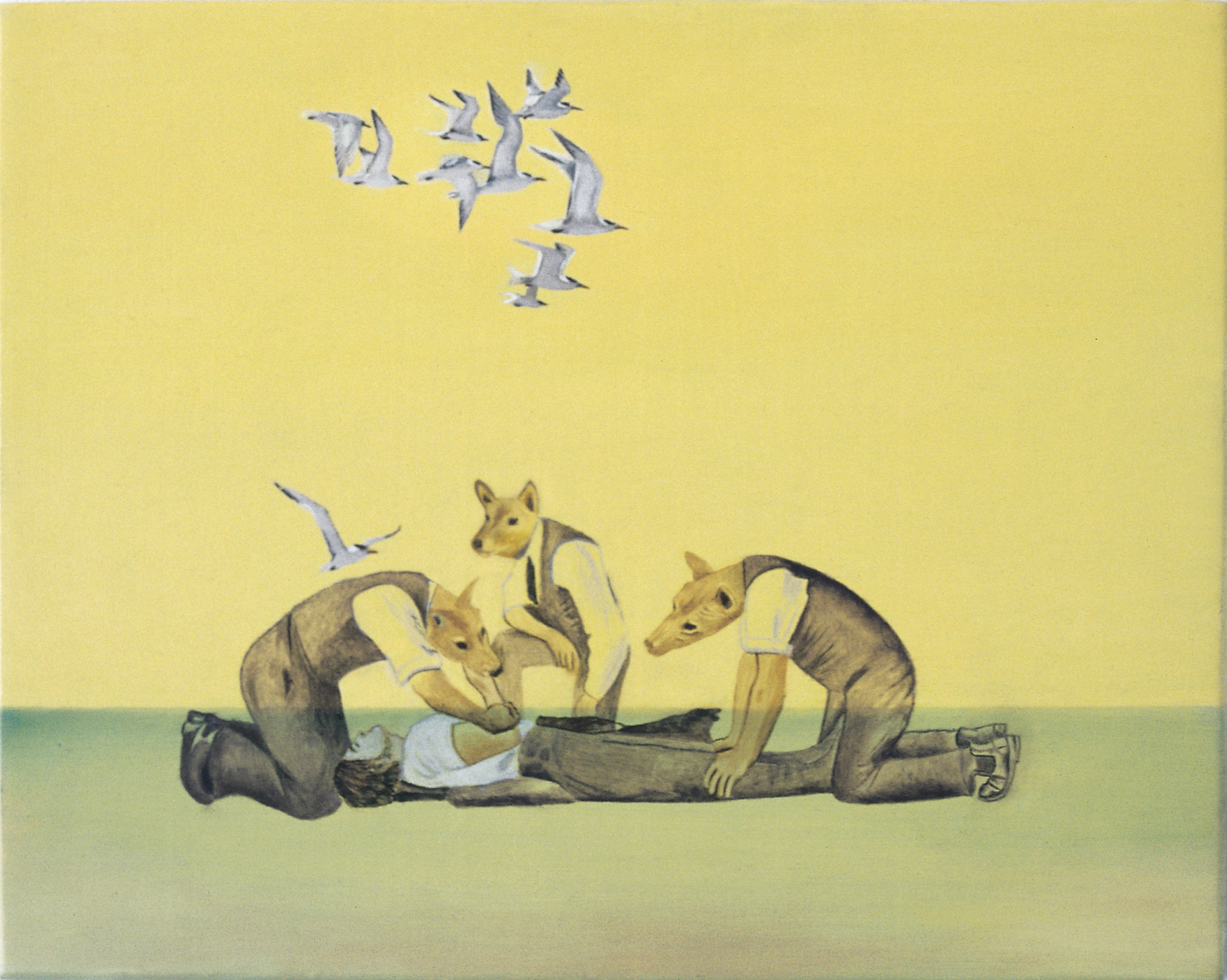 Artificial respiration is a painting by Australian artist Madeleine Kelly of dingo headed people shown MCA in primavera 2005 Milani Gallery
