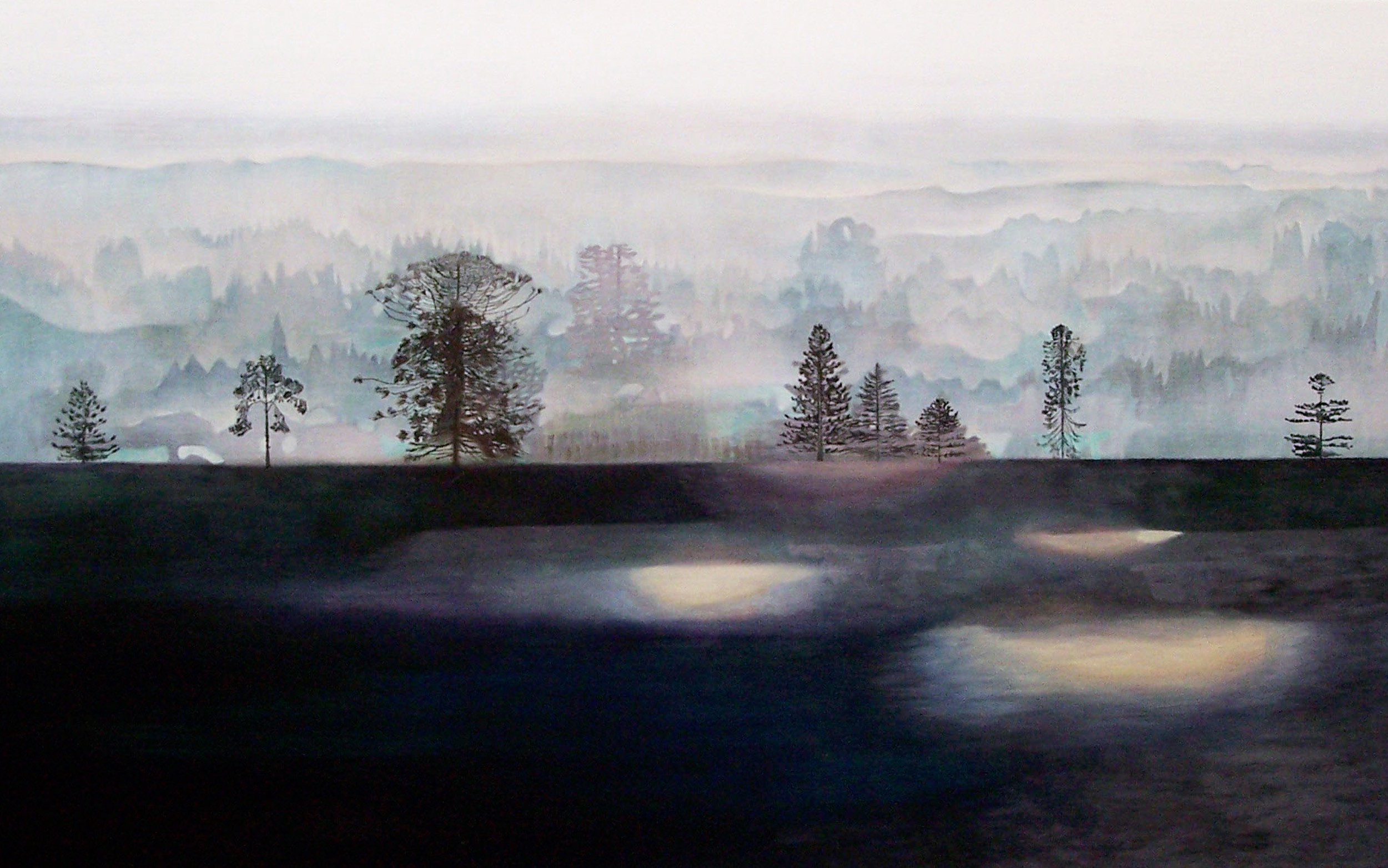 Burning time is a painting by Australian artist Madeleine Kelly of pine trees collection Artbank Sydney shown at Milani Gallery