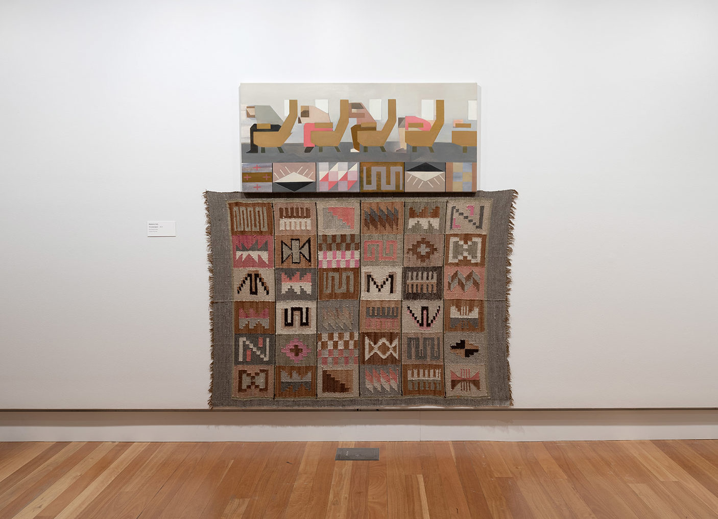 2. The Passengers is a painting of aeroplane passengers based on Peruvian textile by madeleine Kelly shown at Ipswich Art Gallery Milani Gallery Artist profile magazine