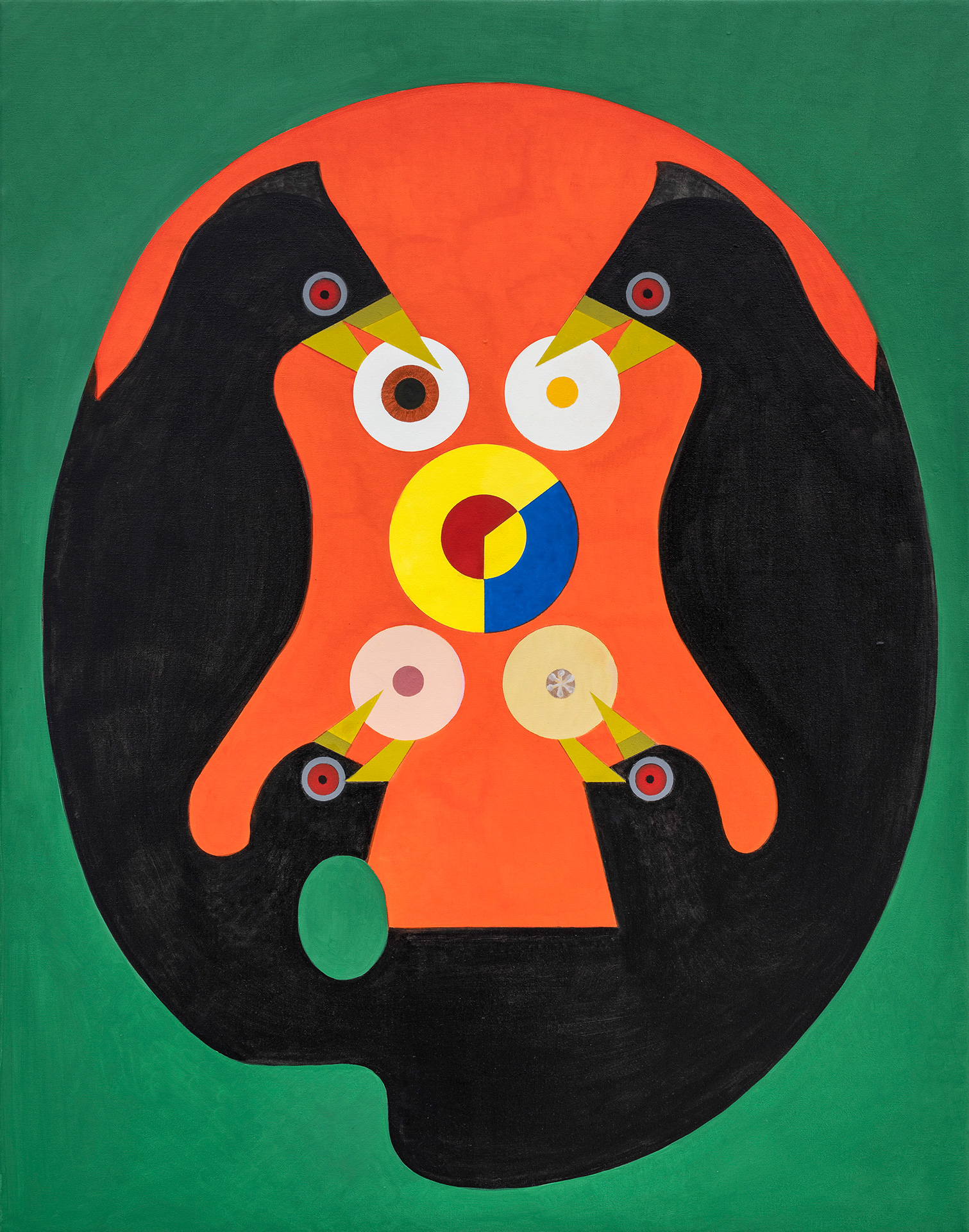 Stealing other artist's ideas (Painting for Mike) a painting by Madeleine Kelly of cuckoos based on Mike Kelley’s textile Cocks and Balls