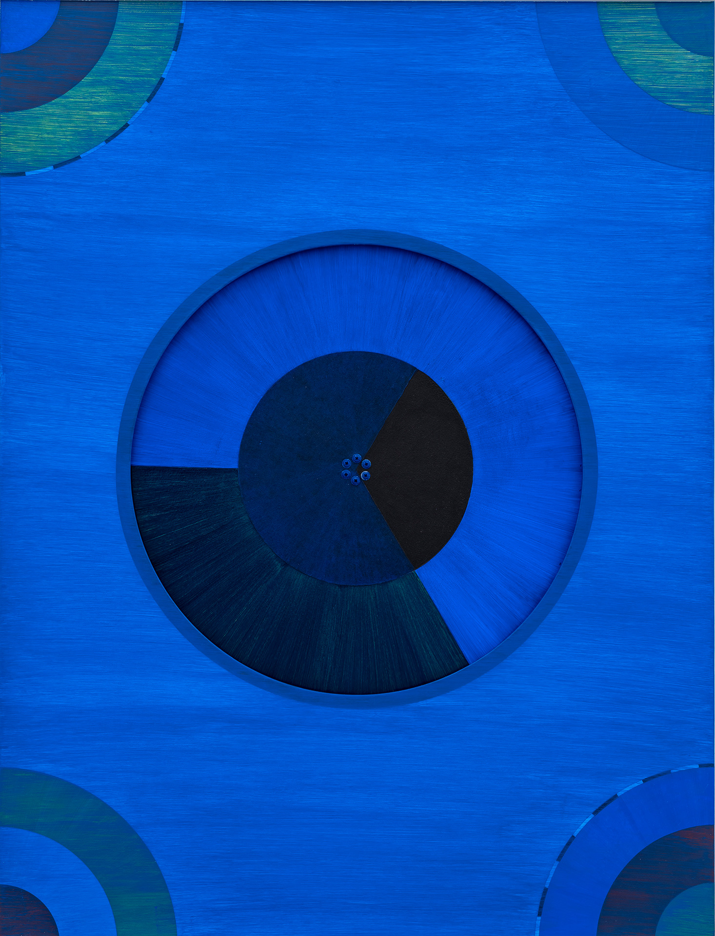 Black and Blue kinetic painting of a single spinning disk made by Madeleine Kelly and shown in Spin out, spun in Milani Gallery