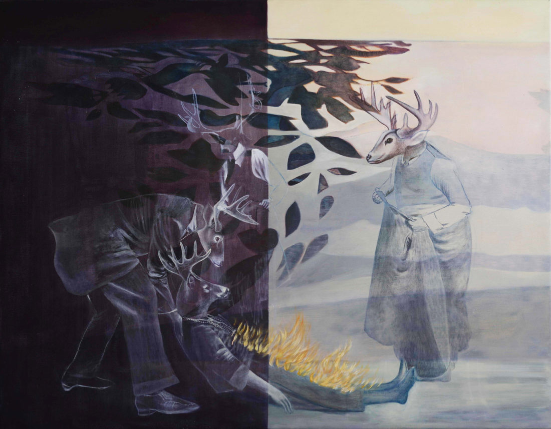 Sparky the culture hero is a painting by Australian artist Madeleine Kelly of deer headed people shown at Milani and MCA primavera 2005