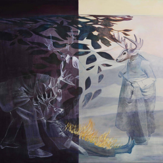 Sparky the culture hero is a painting by Australian artist Madeleine Kelly of deer headed people shown at Milani and MCA primavera 2005
