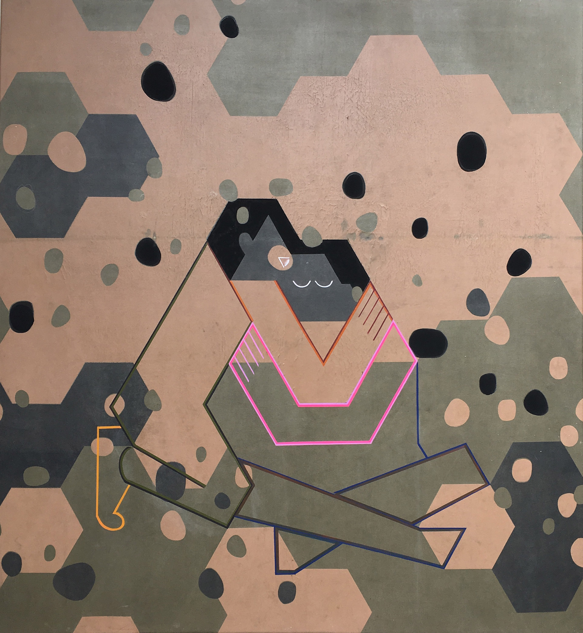 2. How to look at a hexagon is a painting by Madeleine Kelly on army tarpaulin two people embrace shown C3 Contemporary art space Milani GalleryMadeleine Kelly How to look at a hexagon 2018 acrylic and oil on tarpaulin 115 x 125 cm