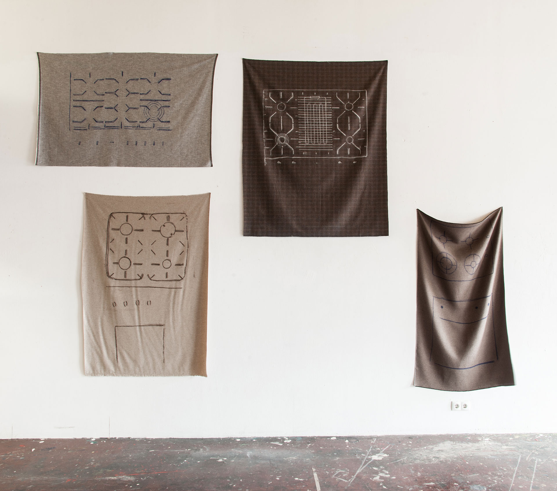 Madeleine Kelly Existential Needs 2016 Oil stick on fabric, 17 parts ranging from 86 x 138 cm to 155 x 125; installed dimensions variable