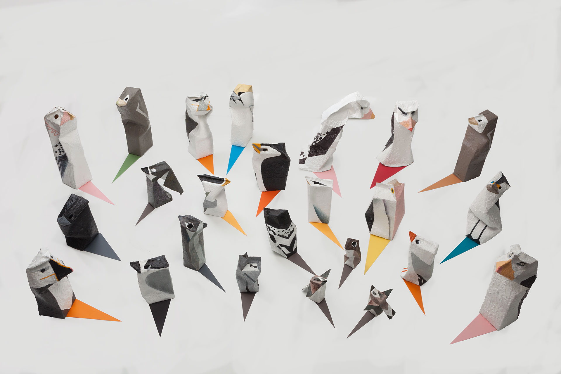 Pelagic birds 2017, Encaustic on cardboard with paper and text 23 parts ranging from approximately 8 x 11 x 11cm to 27 x 9 x 9cm; installed dimensions variable Photograph Bernie Fischer. Madeleine Kelly Pelagic Birds 2017