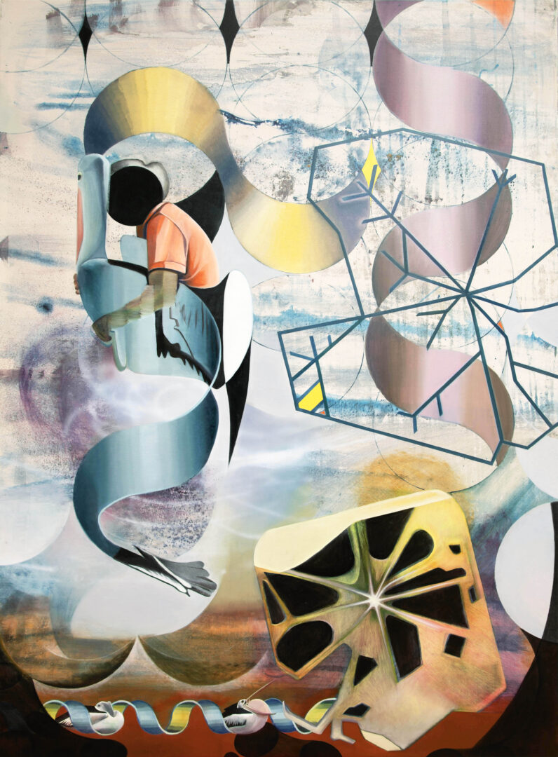 Madeleine Kelly 'Pelican Analogues’ 2023, Oil and casein on polyester, 150 x 110 cm.