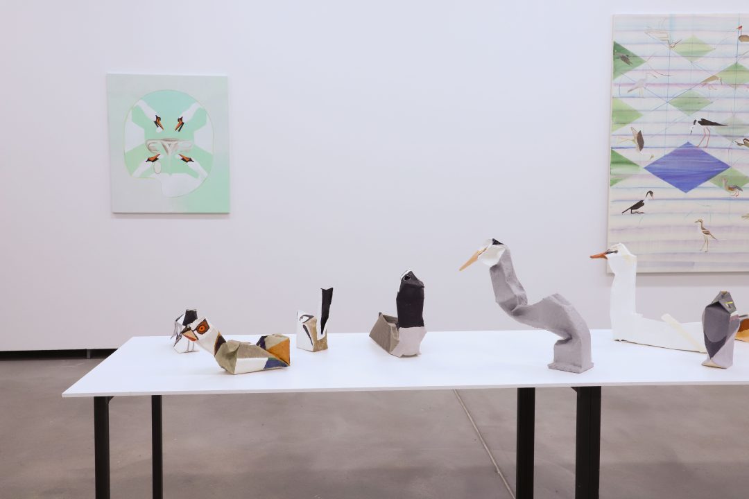 Installation view of works by Madeleine Kelly on display as part of 'The First Killing of the Butterfly exhibition, at the Künstlerhaus Bethanien 12.06.2026 – 09.08.2026 We can see three works where birds signify the life of Amalie Dietrich