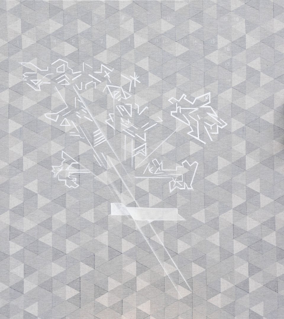 This is a white paint on beige cotton geometric painting of Cyperus haspan L. var. dietrichiae Domin collected by Dietrich in Mackay. It is based on a botanical specimen found in Germany at JACQ. https://jacq.org/detail/2152278 Australien, Queensland, Port Mackay