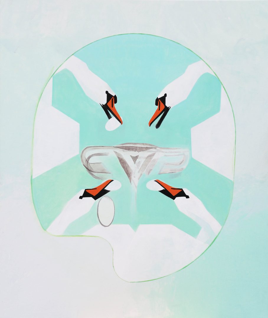 Four white swans arranged in the form of a palette peck into a womb. Three have eggs in their beaks. The palette is fresh - mainly aqua and white but the content is dark as the birds could be attacking her womb, perhaps they are signifiers of patriarchal power.