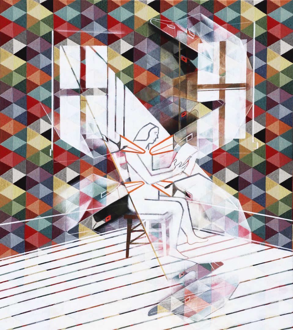 This is a complex geometric picture depicting a nude androgynous figure seated on a chair taking a sunbath while looking at a blank page. A network of giant geometric swans arranged in a figure eight also seem to nuzzle her body, their giant beaks are between aid and attack. The image is mostly white and tiled the naturalist's gaze, alluding to Amalie Dietrich's white colonising gaze. The swans are mostly transparent and only seen once the ambiguity between the figure and ground is noticed.