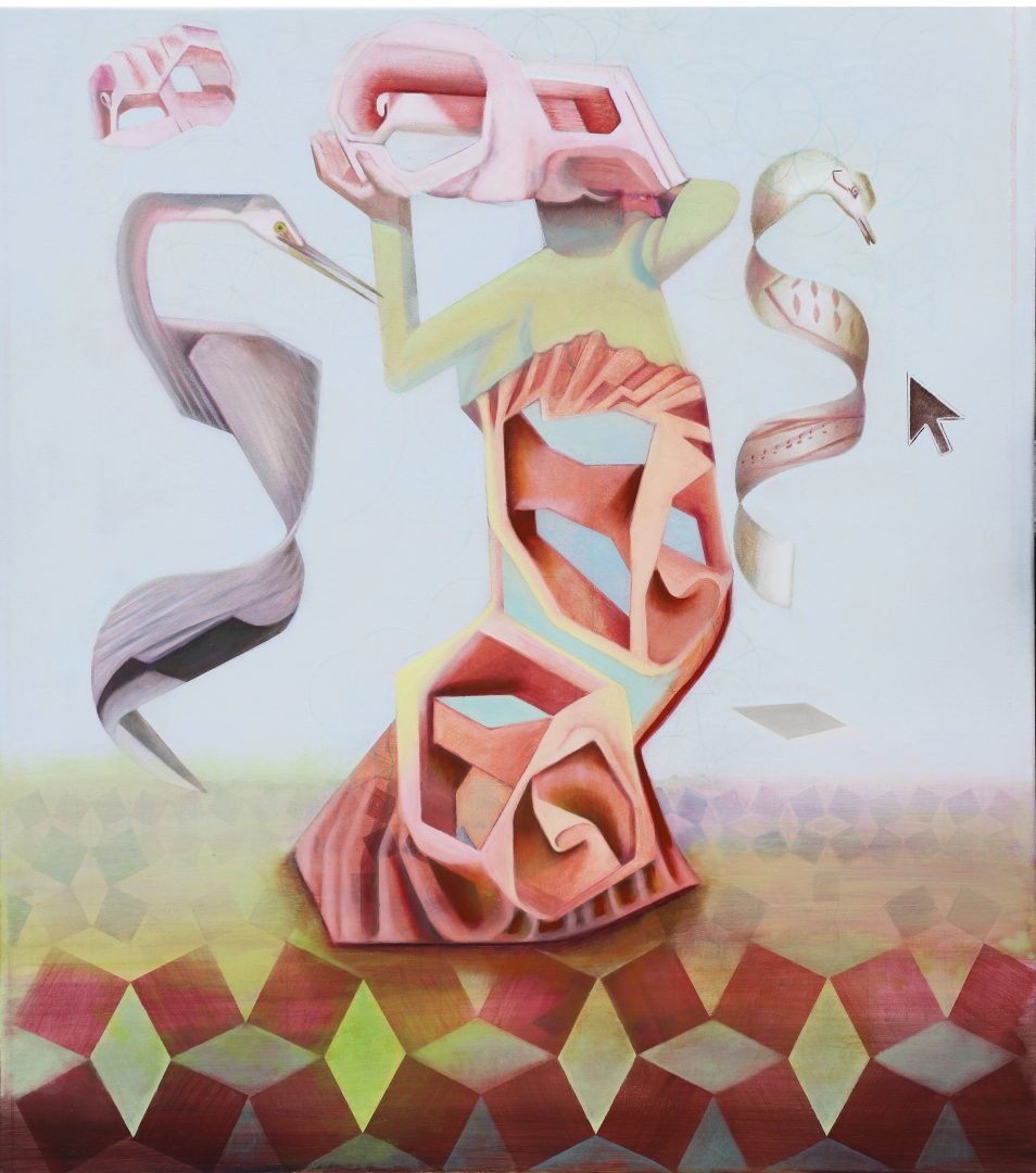 This is an image of a person constructed of vertically arranged giant orange shells. It could be a depiction of the naturalist Amalie Dietrich flanked by two scroll like floating birds, one gently pecks at her arm while another floats towards an arrow. She is carrying shells in the air as if dancing with pink clouds. The ground of squares and diamond is taken from Byzantine mosaics. The birds-scrolls are both futuristic and classic in appearance.