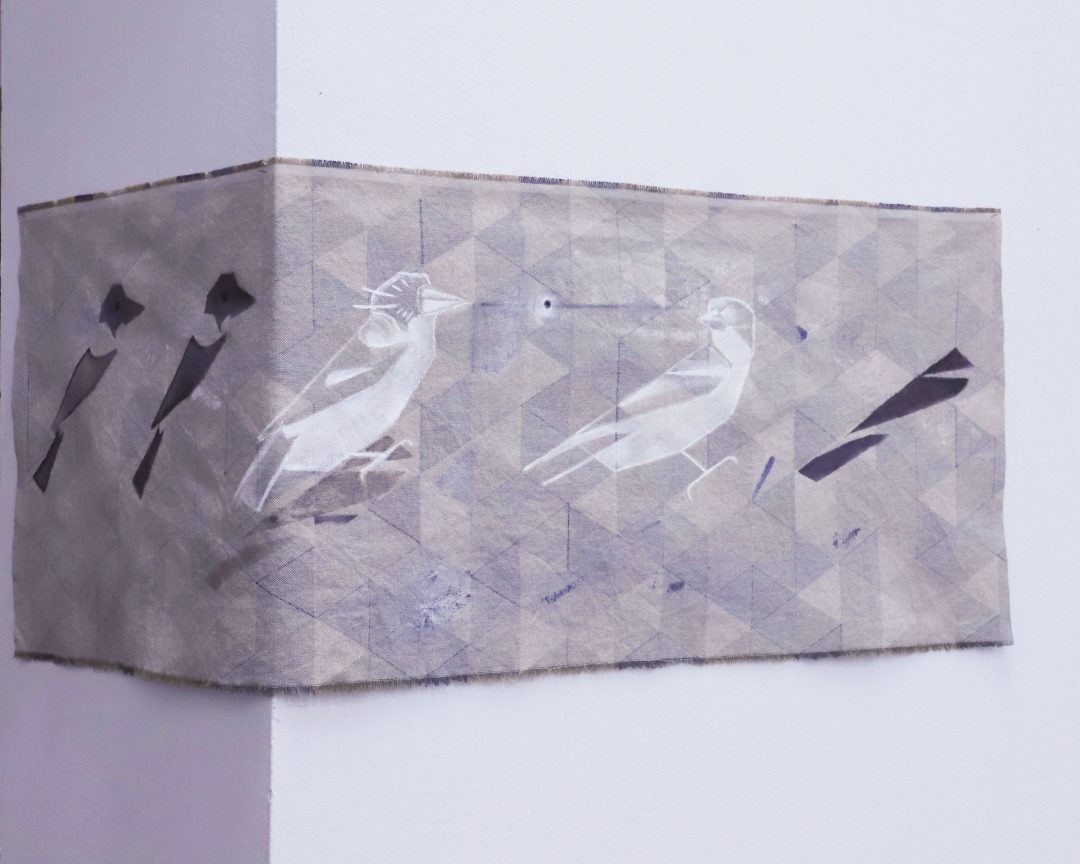 A line of abstract birds form a diagram. the middle two butcher birds see their eye fly between them mid air. It's a diagrammatic horizontal painting of subtle browns and earthy tones.