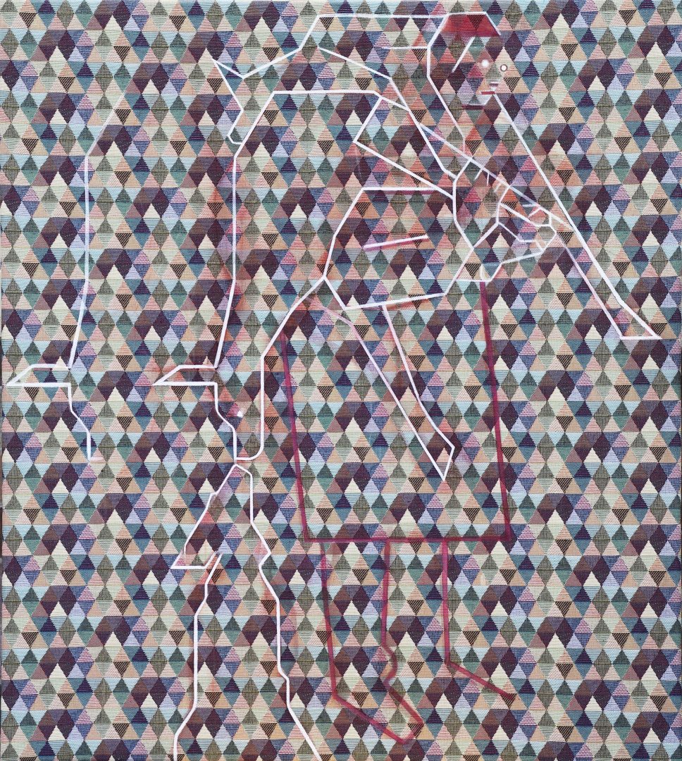 This geometric painting on a pattern of multicoloured isometric triangles is based on a photograph by Cartier-Bresson entitled Hunting in which a chain of slaughtered animals hangs elegantly across the hunters shoulders and a dog sniffs the snout of one of the animals, perhaps a kangaroo.